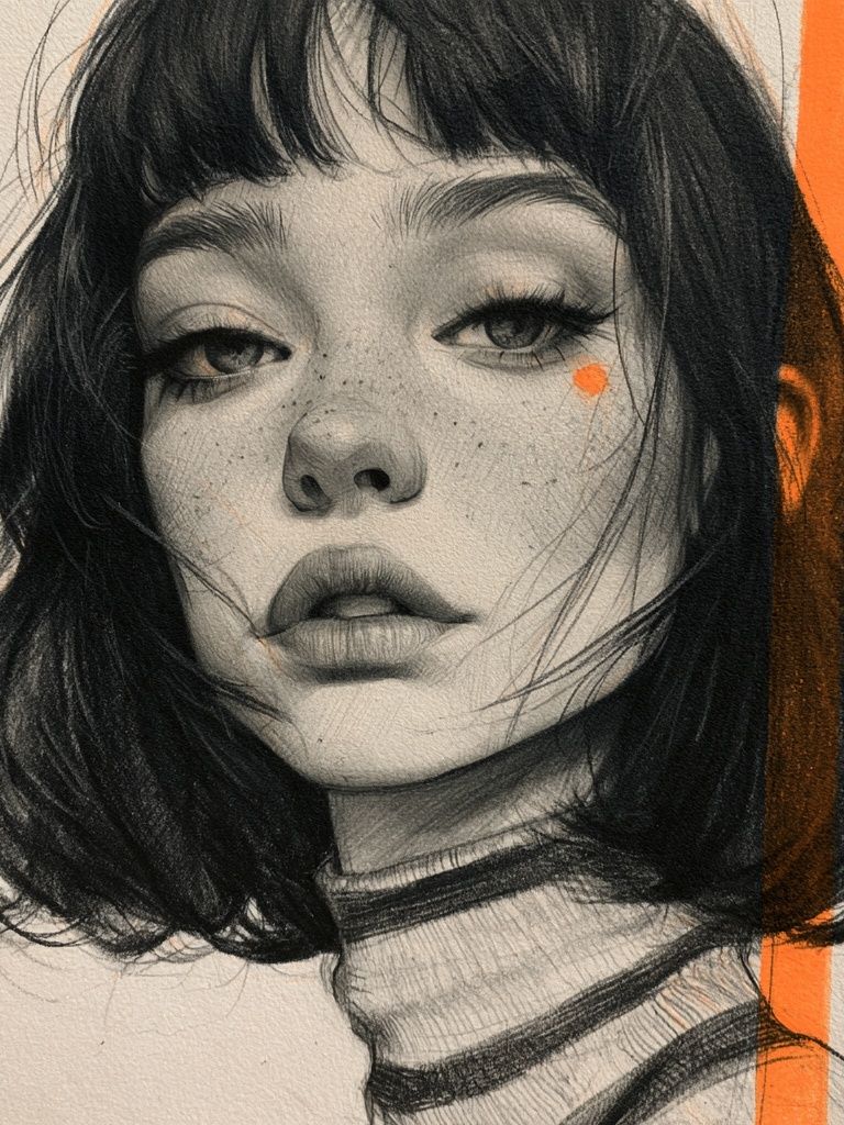 Monochrome Portrait with Orange Accent Poster. poster — illustration art