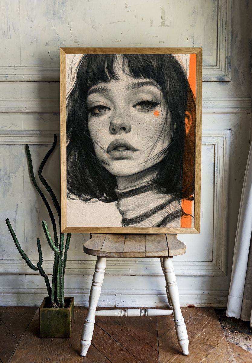 Monochrome Portrait with Orange Accent Poster. — room view 1