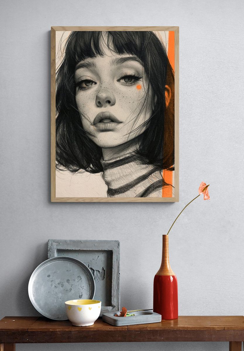 Monochrome Portrait with Orange Accent Poster. — room view 3