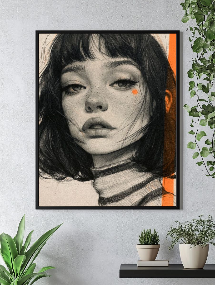 Monochrome Portrait with Orange Accent Poster. — room view 4