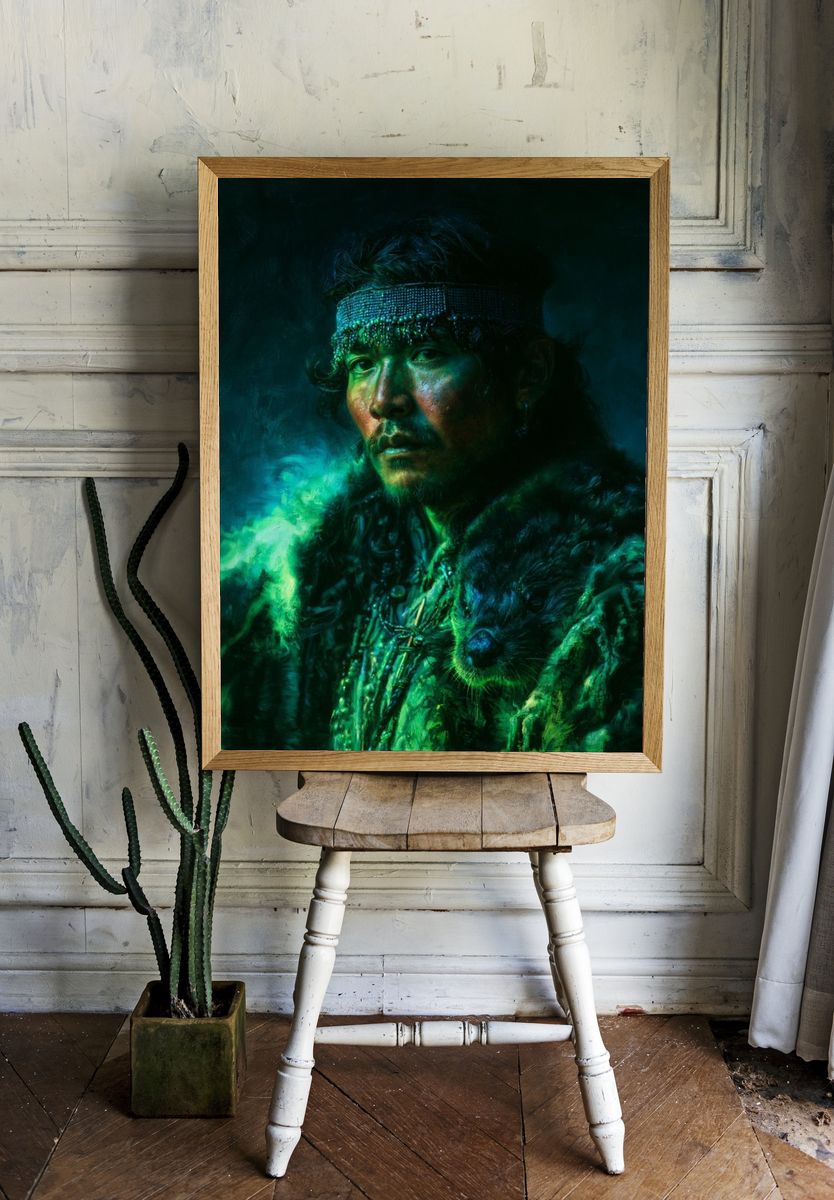 Shamanic Wolf Portrait Print. room preview