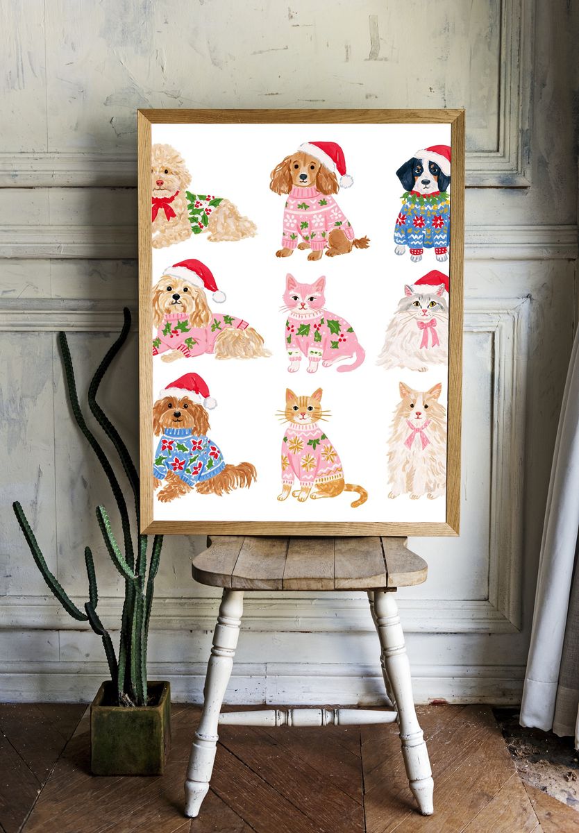 Christmas Pets Watercolor Poster. — room view 1