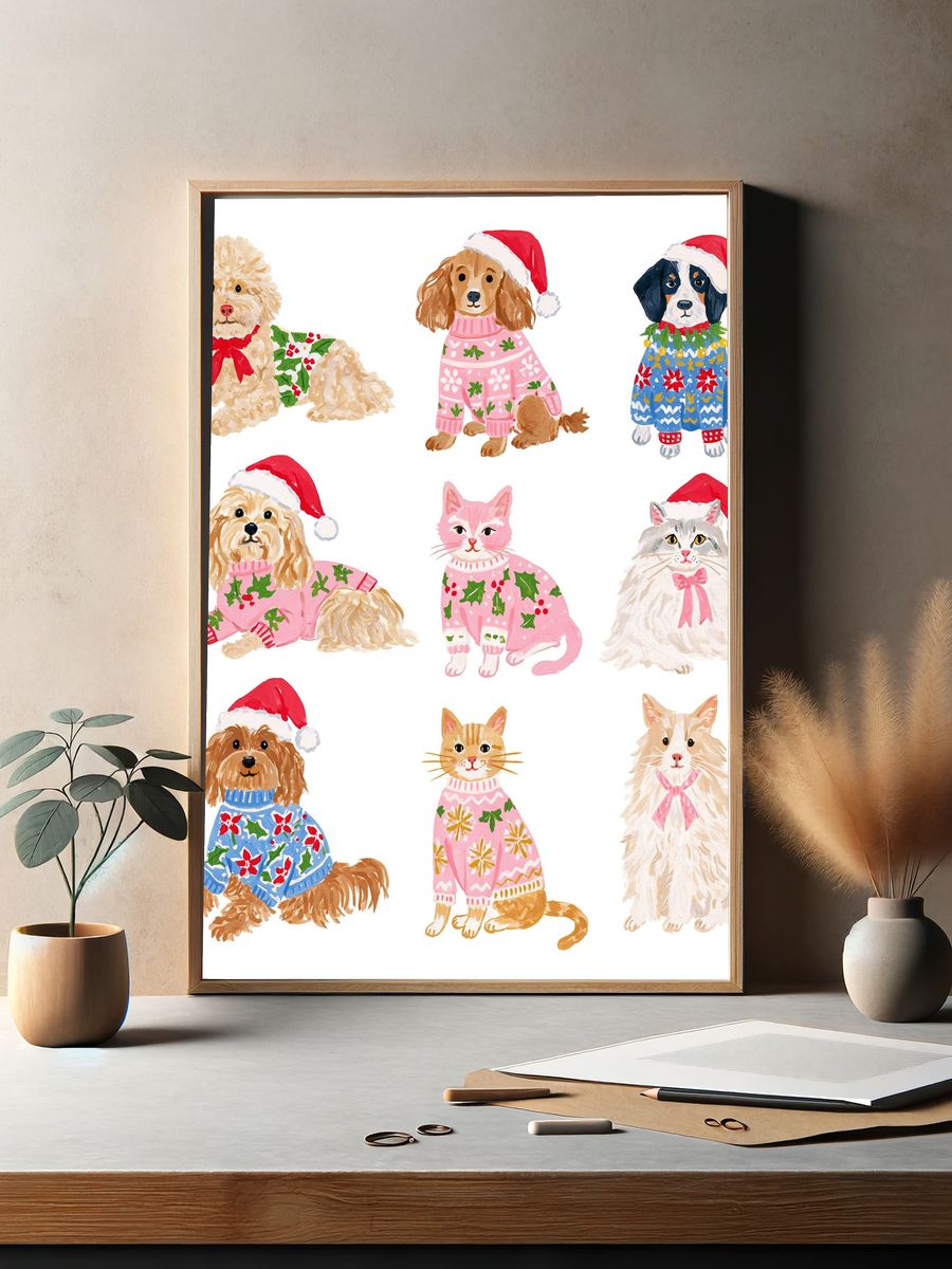 Christmas Pets Watercolor Poster. — room view 2