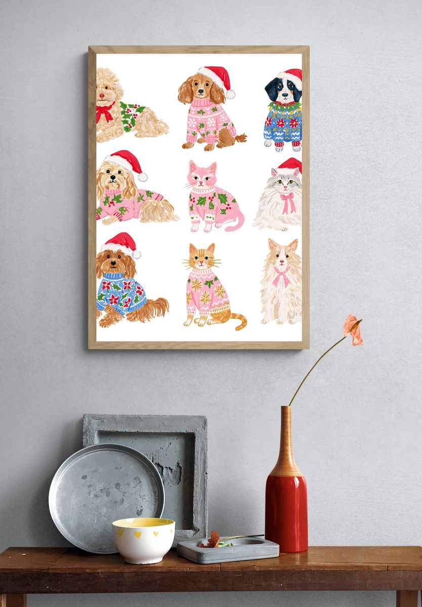Christmas Pets Watercolor Poster. — room view 3