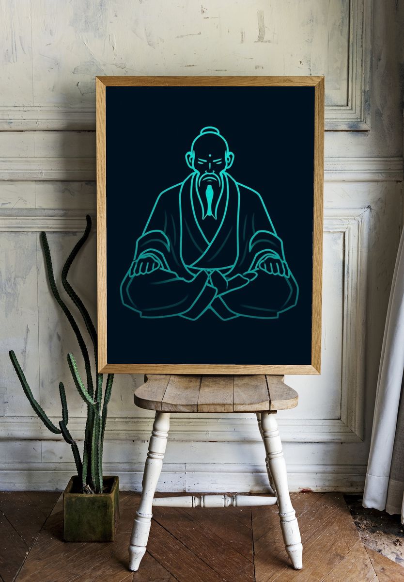 Zen Monk Neon Line Art Poster. room preview