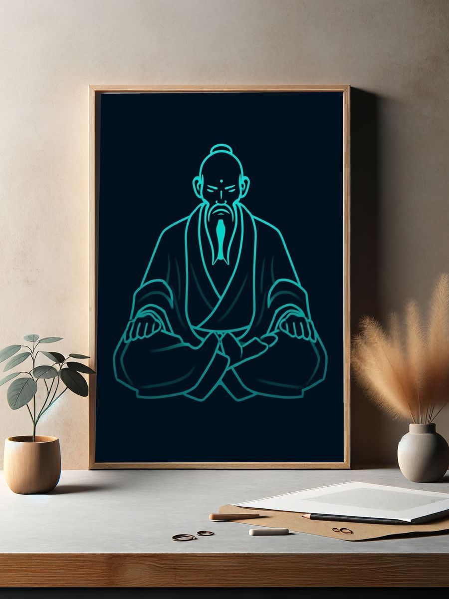 Zen Monk Neon Line Art Poster. — room view 2