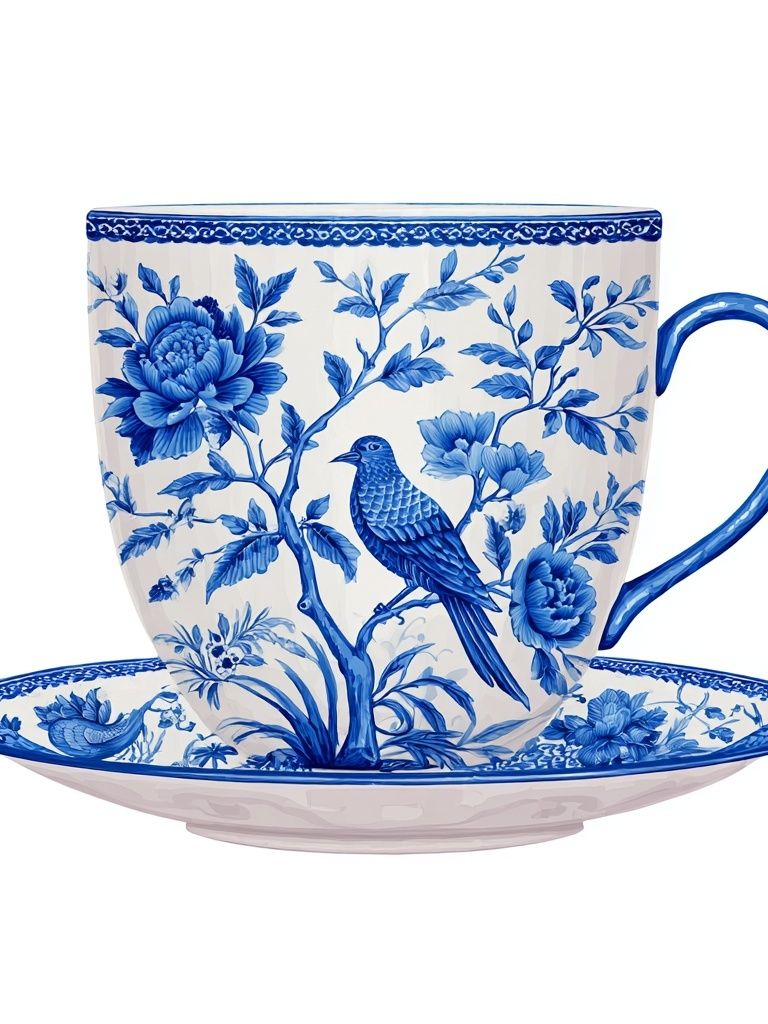Blue Floral Teacup Illustration Poster. poster detail