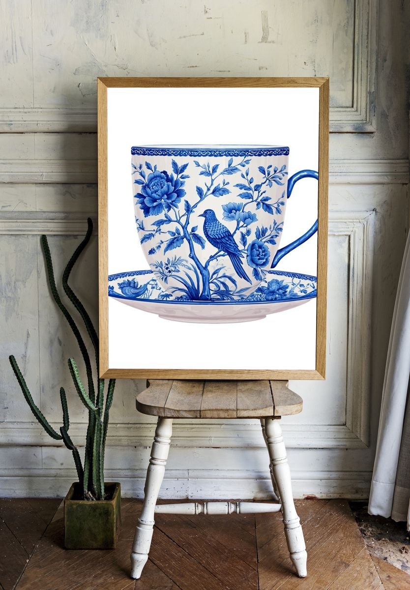 Blue Floral Teacup Illustration Poster. room preview