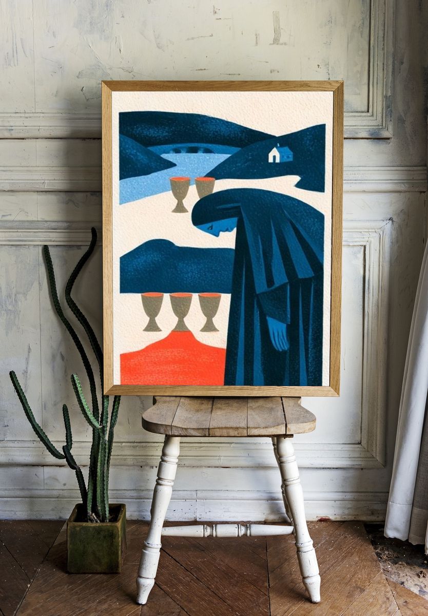 Blue Cloaked Figure — Surreal Print. — room view 1