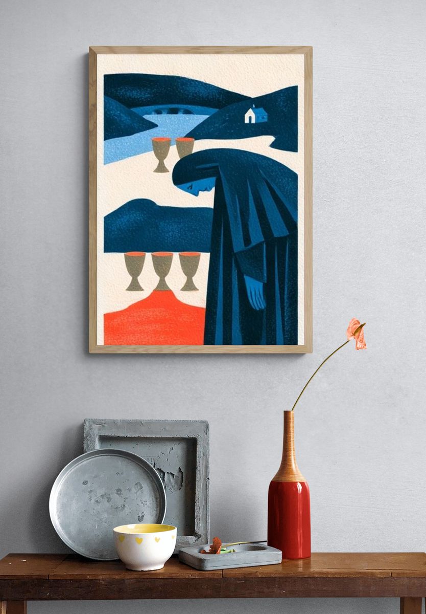Blue Cloaked Figure — Surreal Print. — room view 3