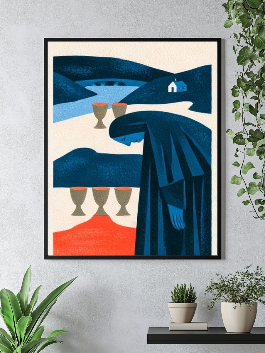 Blue Cloaked Figure — Surreal Print. — room view 4