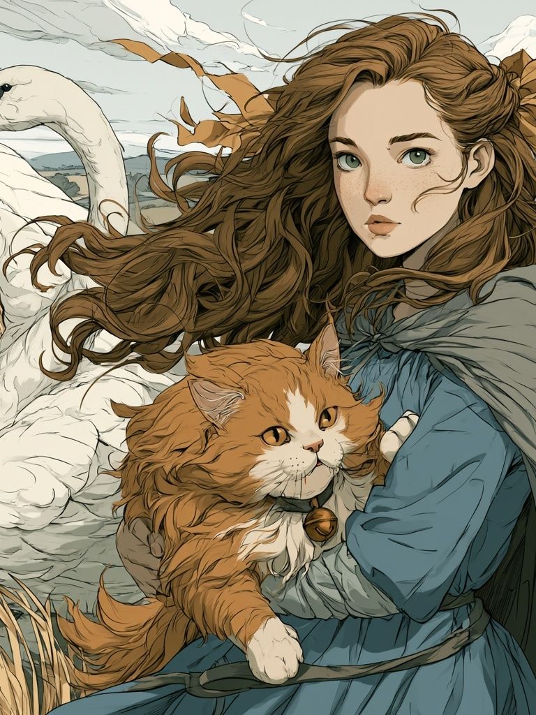 Girl with Swan and Cat Illustration Poster. poster detail