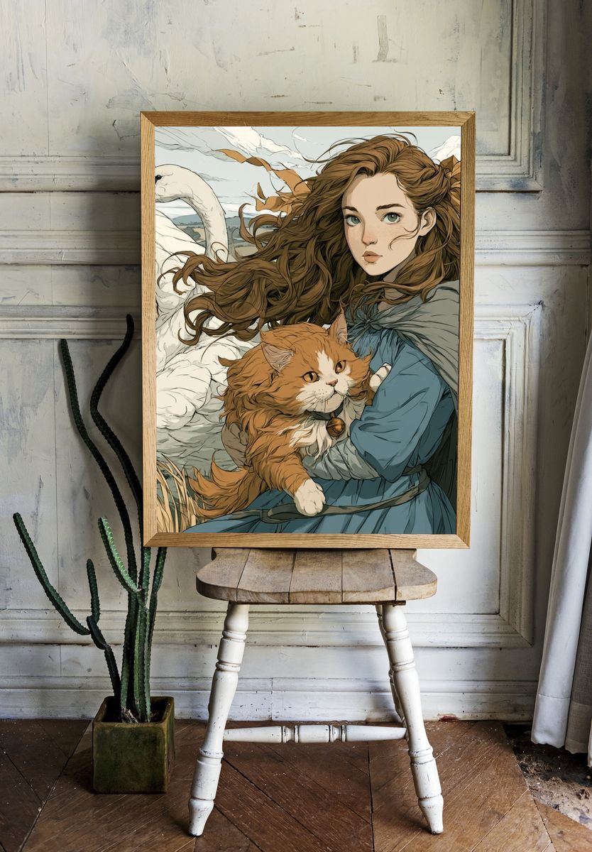 Girl with Swan and Cat Illustration Poster. — room view 1