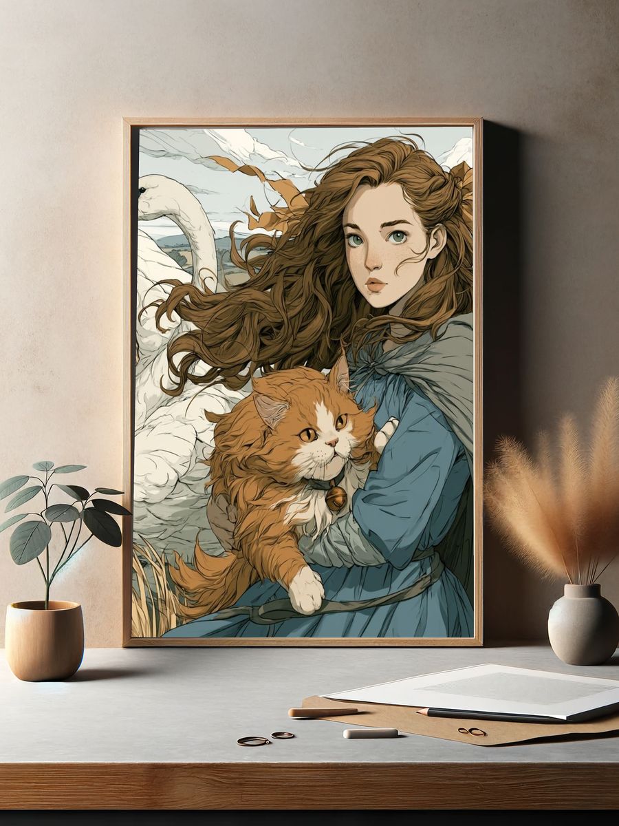 Girl with Swan and Cat Illustration Poster. — room view 2