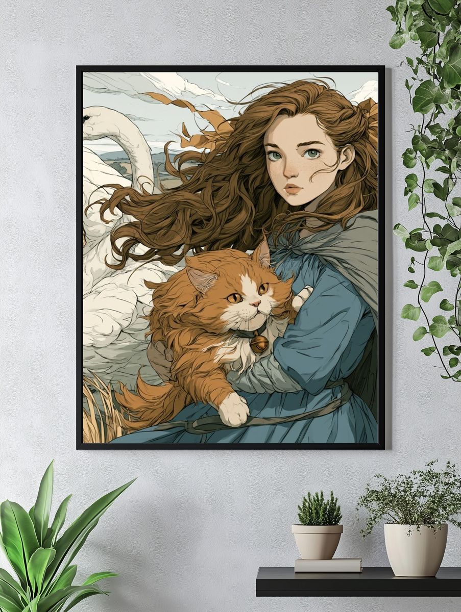 Girl with Swan and Cat Illustration Poster. — room view 4