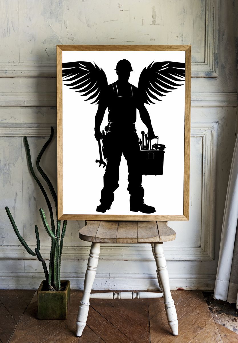 Winged Builder Silhouette Print. room preview