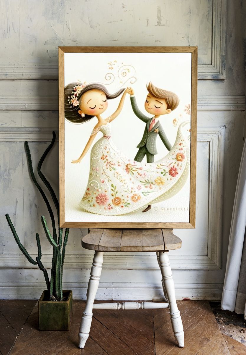 Floral Wedding Couple Illustration Print. room preview
