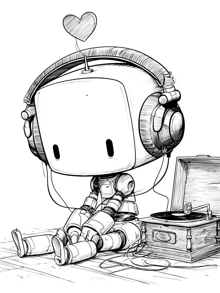 Cute Robot with Headphones Poster. poster — illustration art