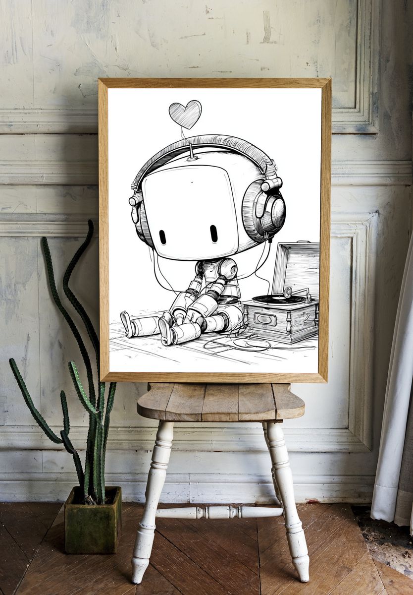 Cute Robot with Headphones Poster. room preview