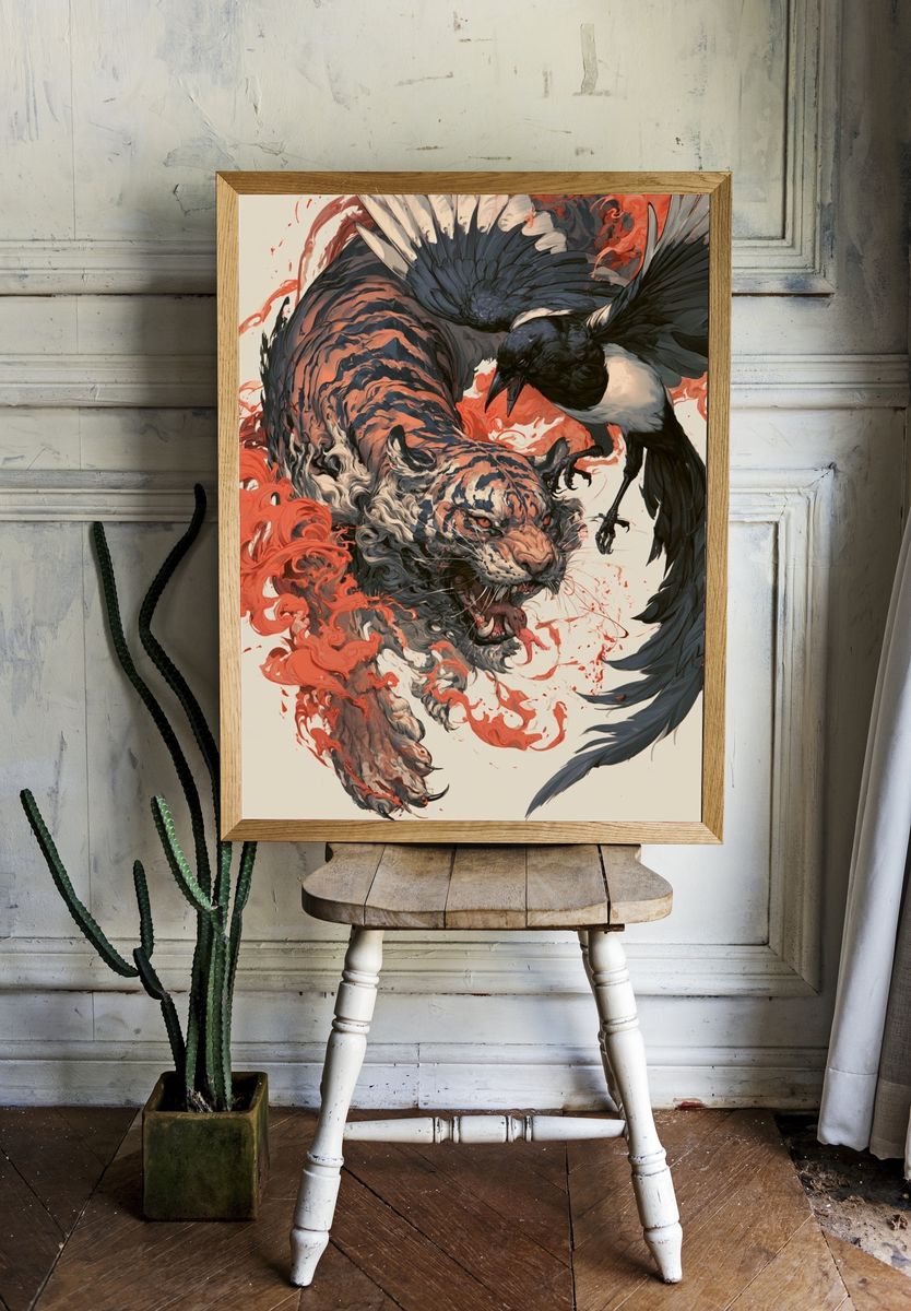 Tiger and Crow Illustration Poster. — room view 1