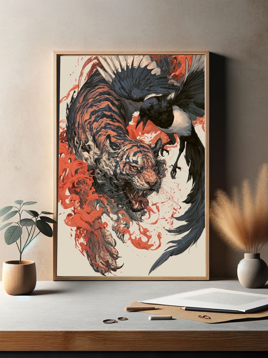 Tiger and Crow Illustration Poster. — room view 2