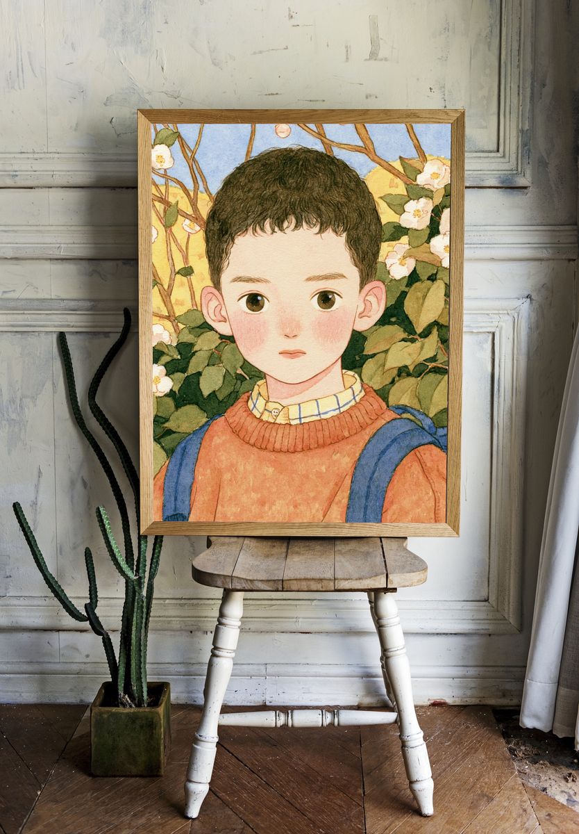 Boy in Blossom Garden Watercolor Print. — room view 1