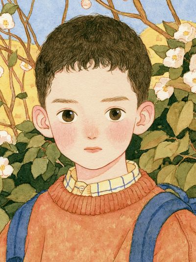 Boy in Blossom Garden Watercolor Print. poster print