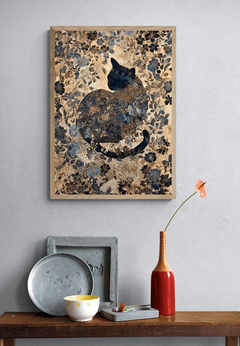 Floral Cat Silhouette Illustration Poster. — room view 3