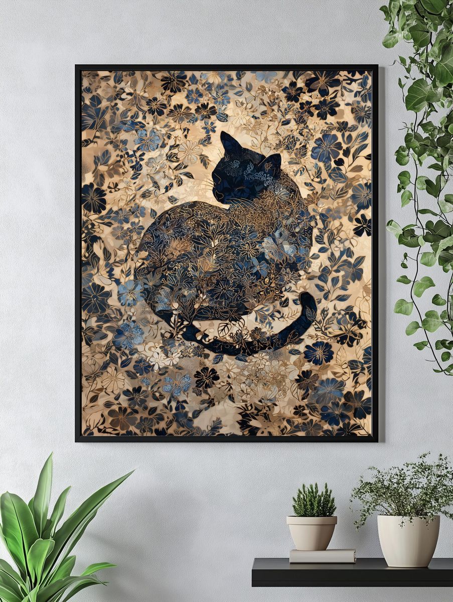Floral Cat Silhouette Illustration Poster. — room view 4