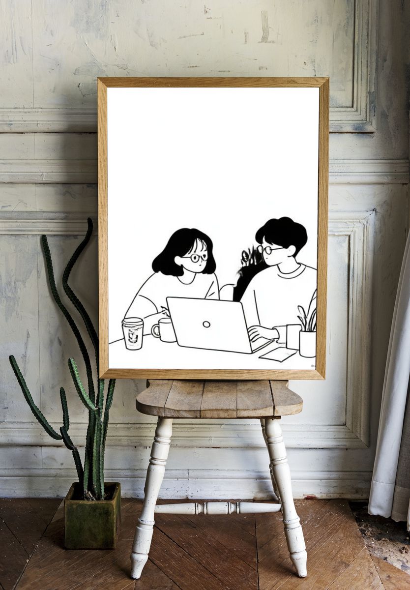 Cozy Laptop Conversation Illustration Poster. — room view 1