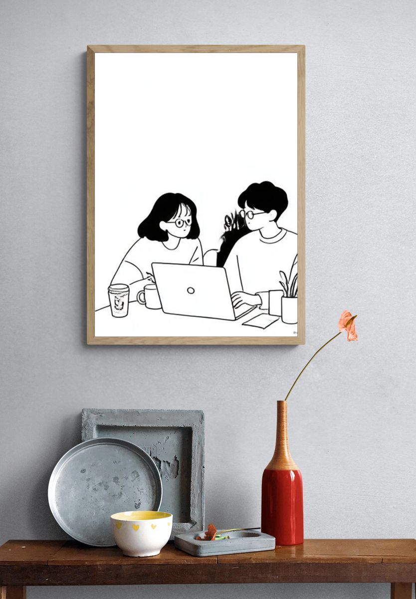 Cozy Laptop Conversation Illustration Poster. — room view 3
