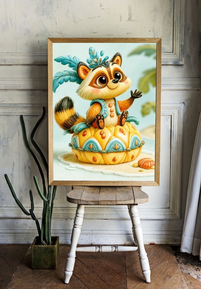 Cute Raccoon Tropical Illustration Poster. — room view 1