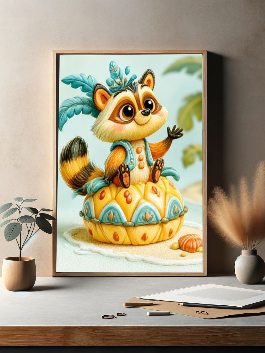 Cute Raccoon Tropical Illustration Poster. — room view 2