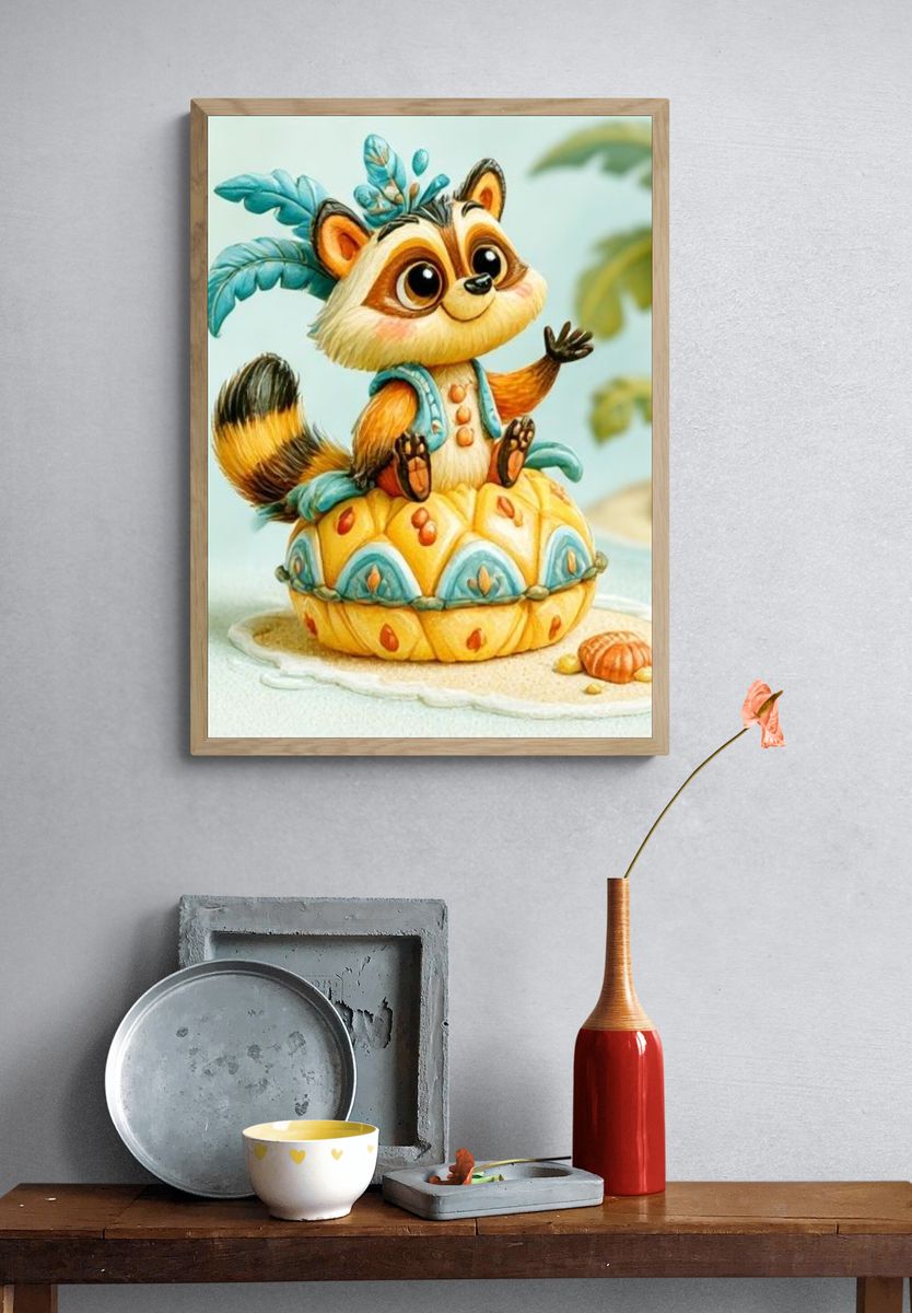 Cute Raccoon Tropical Illustration Poster. — room view 3