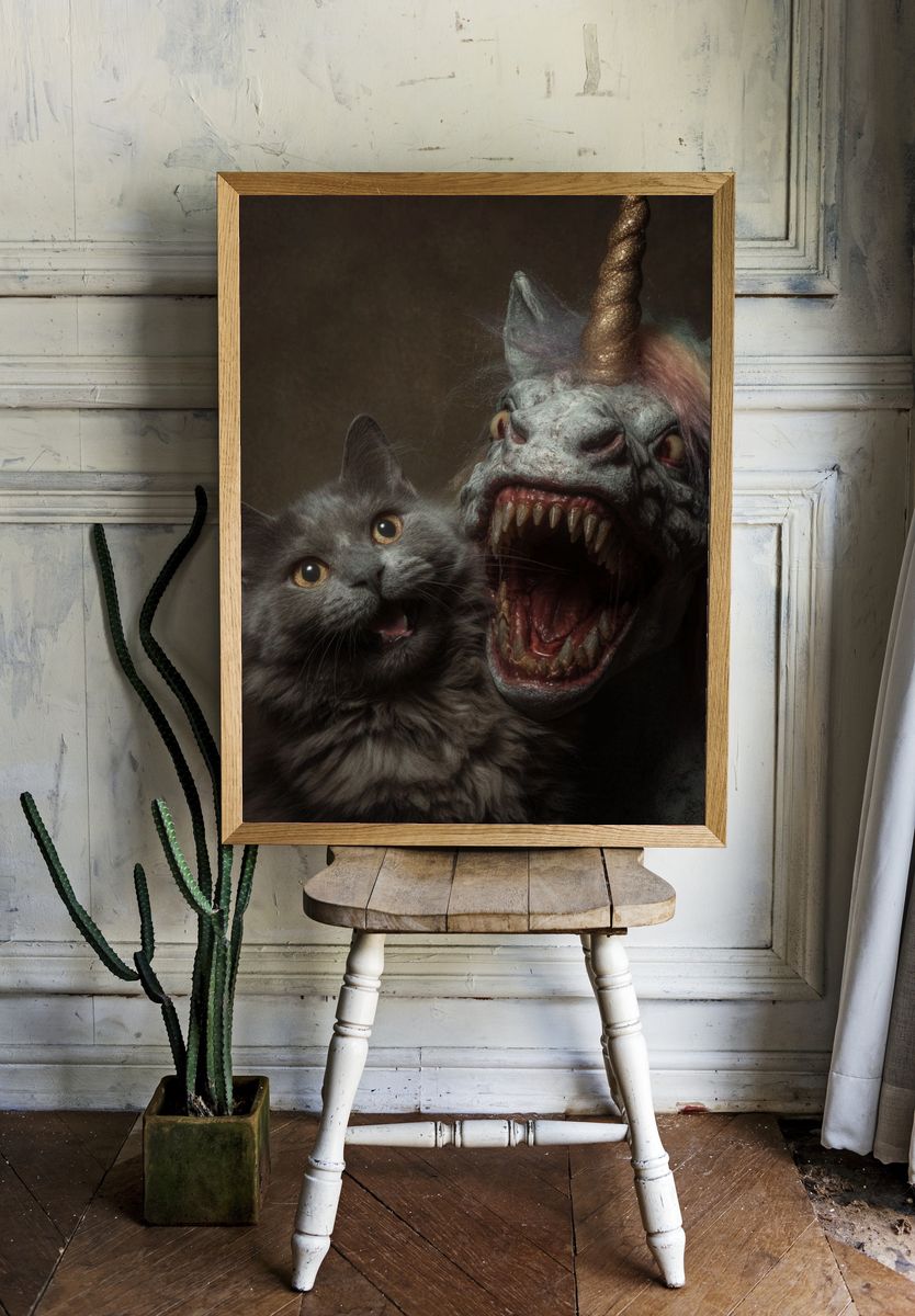 Cat and Unicorn Horror Print. — room view 1