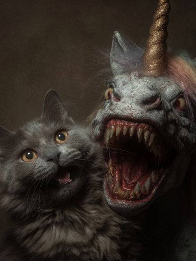 Cat and Unicorn Horror Print. poster