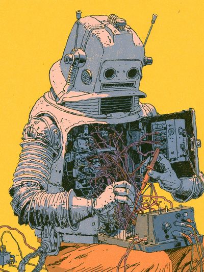 Retro Robot Repair Illustration Poster.