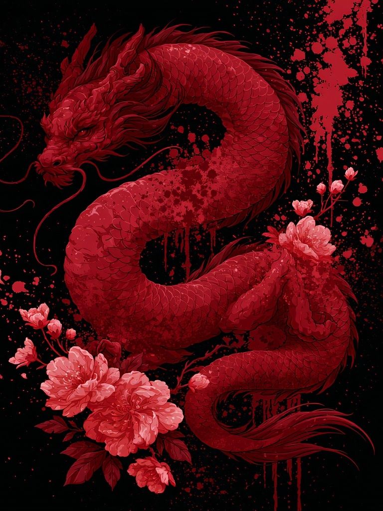Crimson Dragon Floral Illustration Poster. poster detail