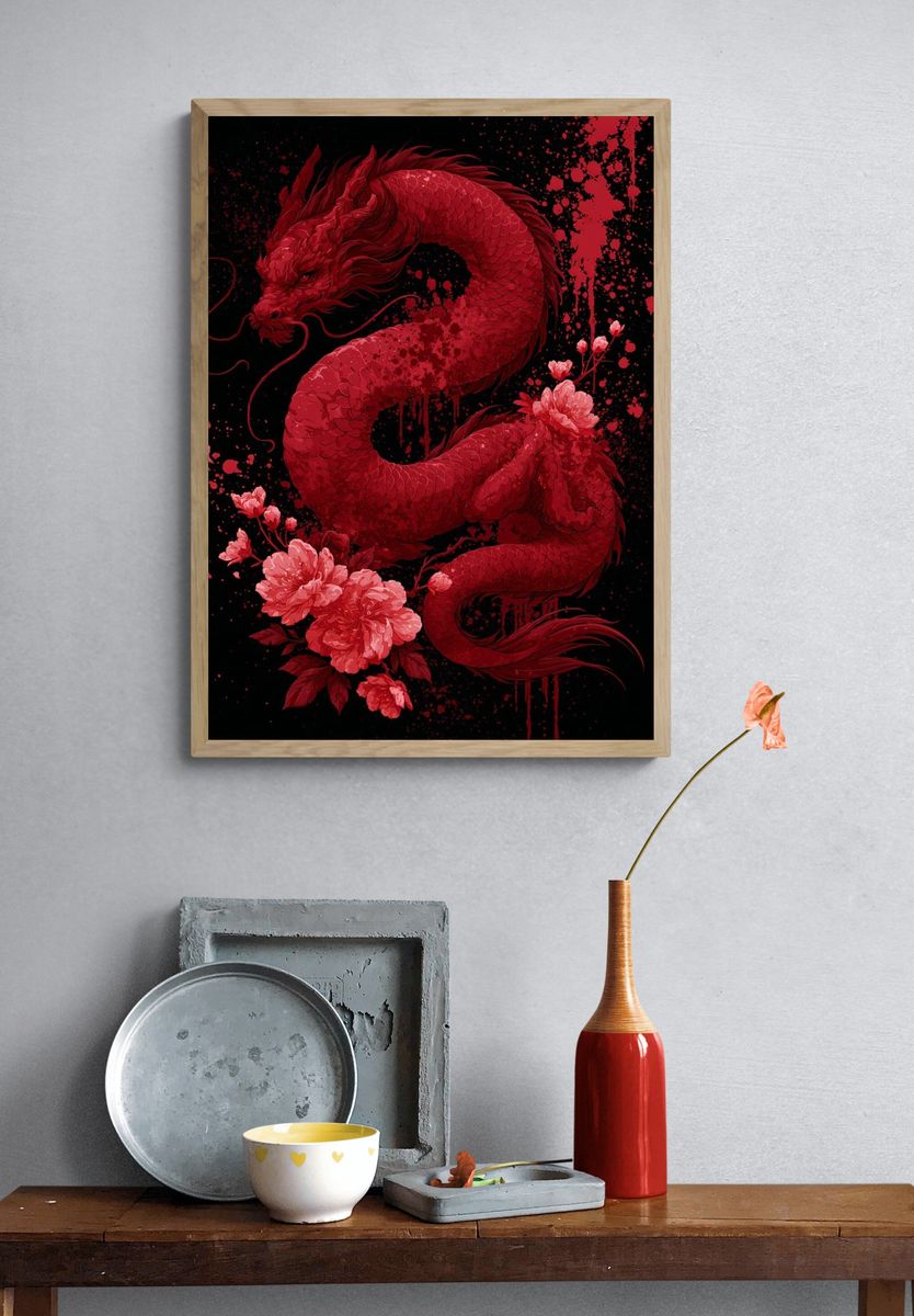 Crimson Dragon Floral Illustration Poster. — room view 3