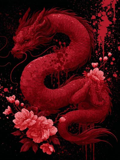 Crimson Dragon Floral Illustration Poster. poster print