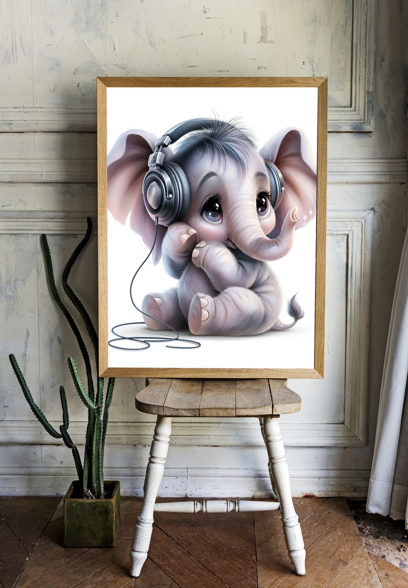 Cute Elephant with Headphones Poster. room preview