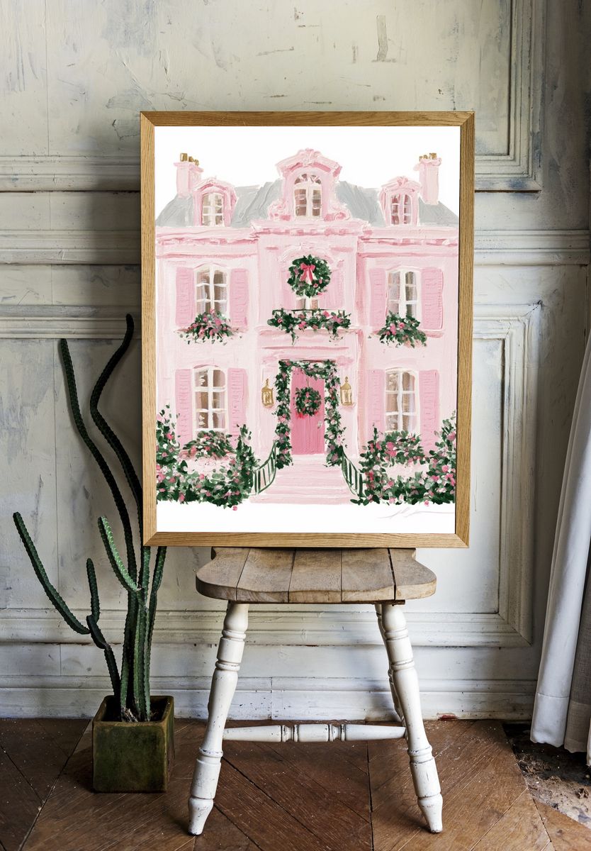 Pink Parisian Townhouse Illustration Poster. — room view 1