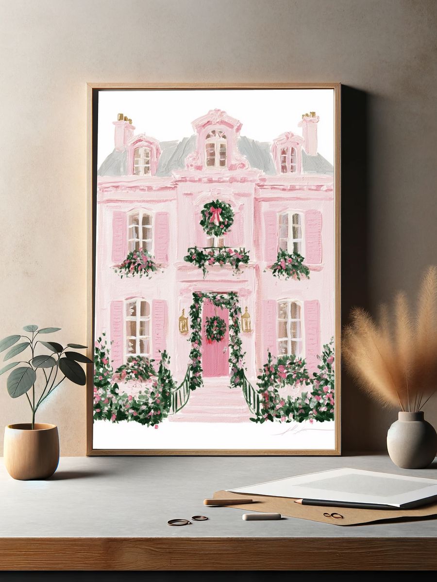 Pink Parisian Townhouse Illustration Poster. — room view 2