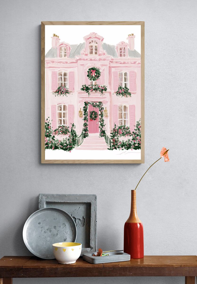 Pink Parisian Townhouse Illustration Poster. — room view 3