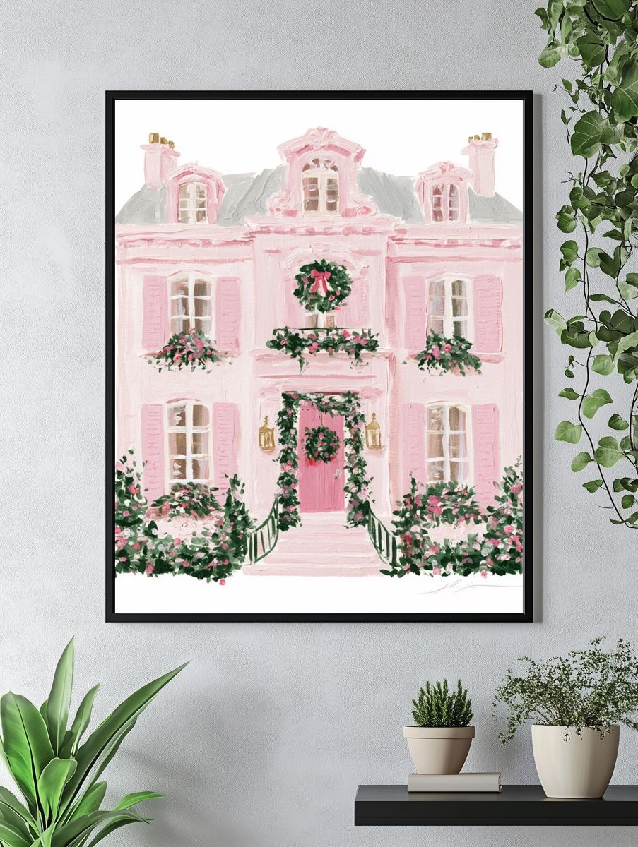 Pink Parisian Townhouse Illustration Poster. — room view 4