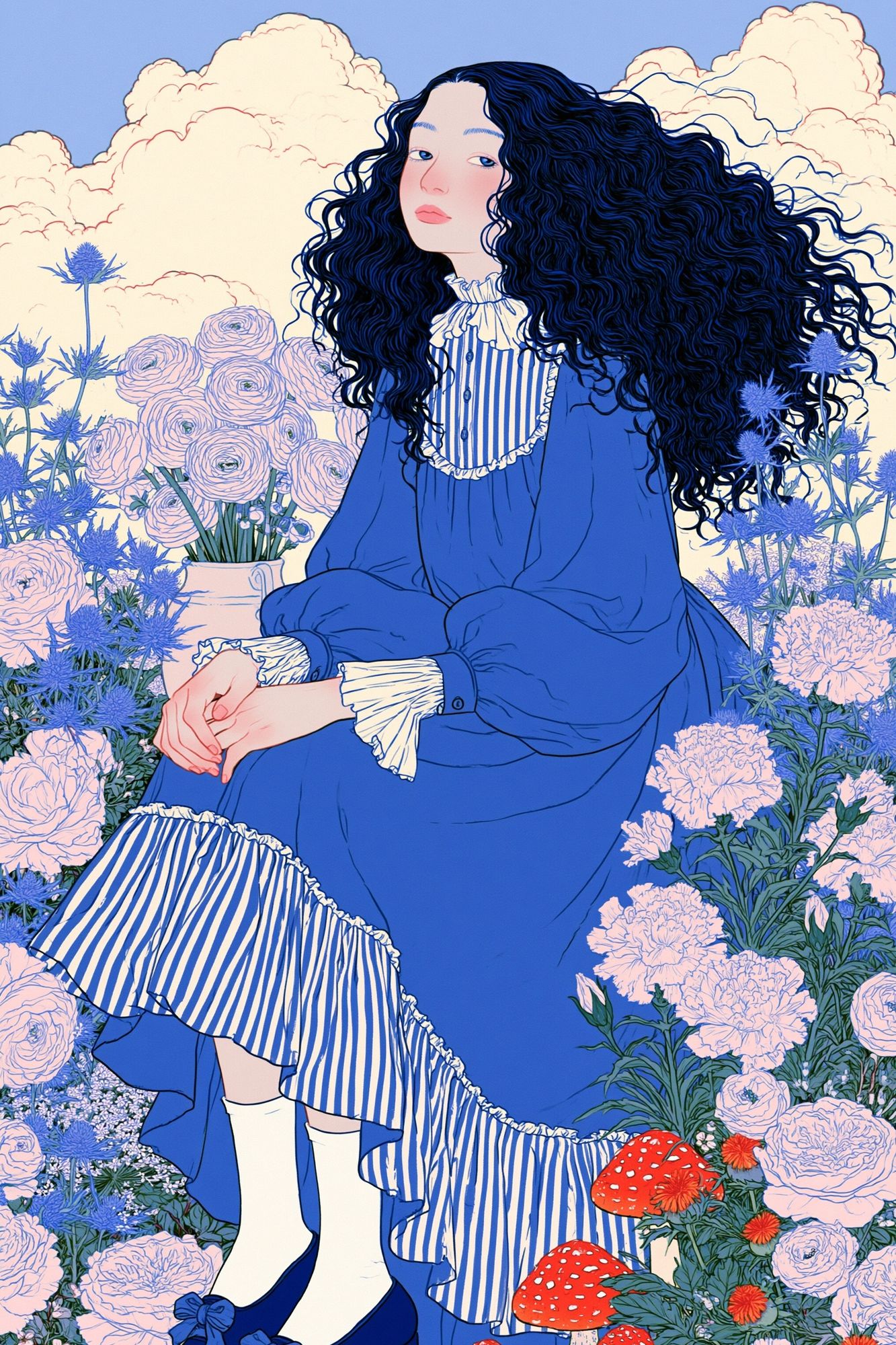 Blue Garden Girl Illustration Poster. poster detail