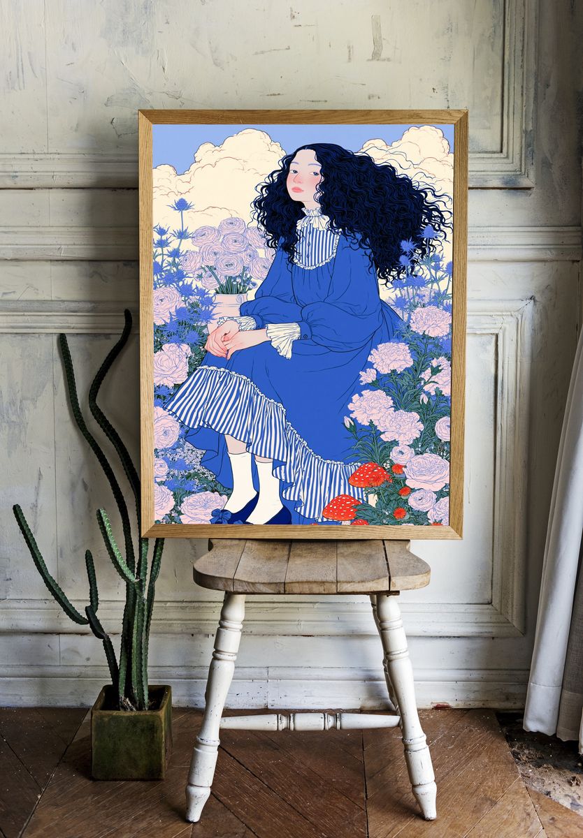 Blue Garden Girl Illustration Poster. — room view 1