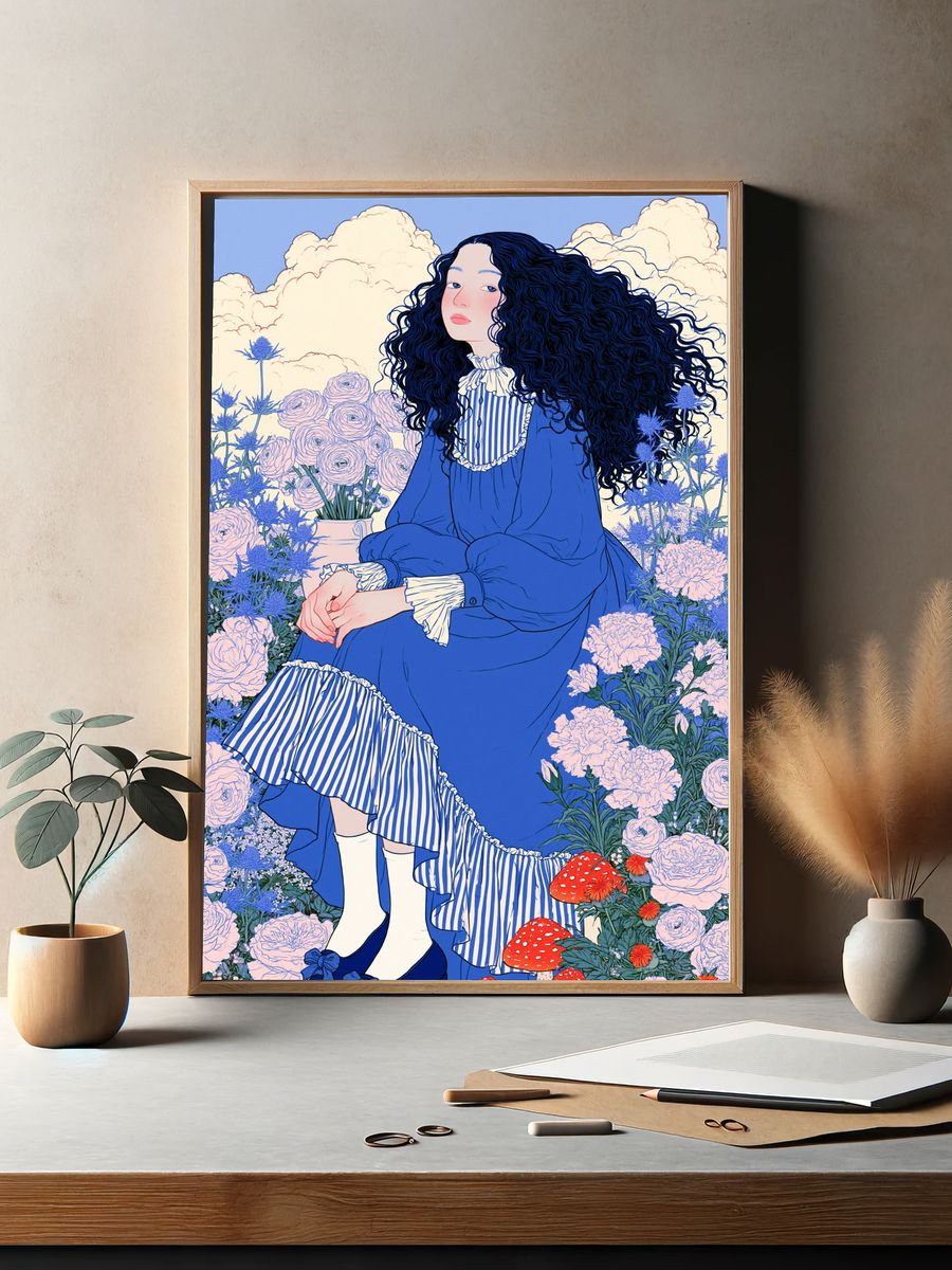 Blue Garden Girl Illustration Poster. — room view 2