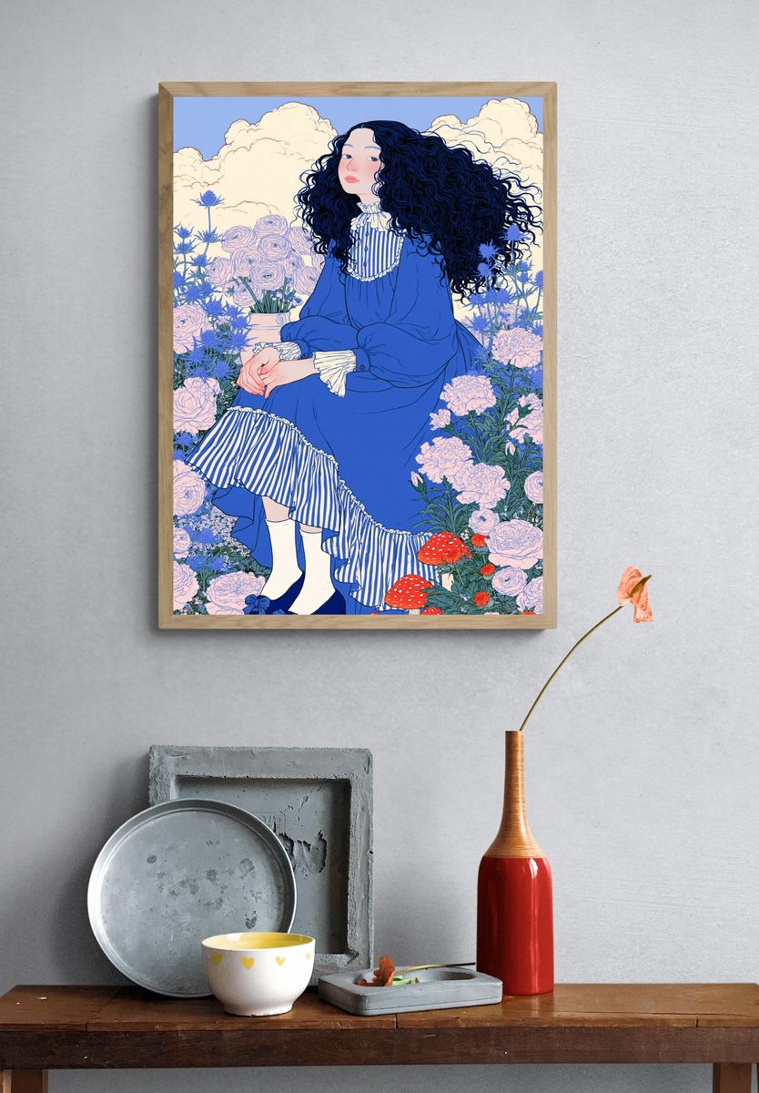 Blue Garden Girl Illustration Poster. — room view 3