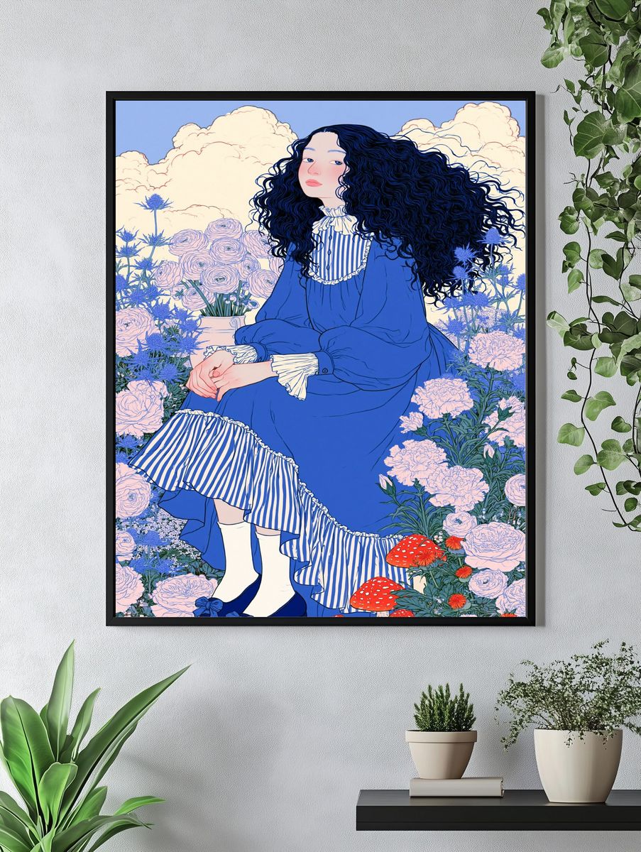 Blue Garden Girl Illustration Poster. — room view 4